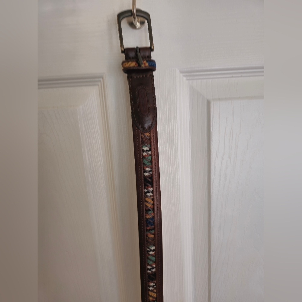 Columbia Men's Brown Leather Belt Multi Color Cotton Woven  Fabric Size 44 - Picture 14 of 17